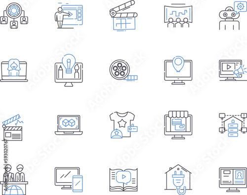 Media corporation outline icons collection. Media, Corporation, Publishing, News, Print, Digital, Network vector and illustration concept set. Broadcast, Content, Video linear signs