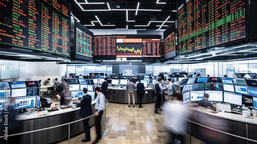 Illustration of trading floor, stock market exchange indoor backgrounds with round workplaces and displays showing financial data. Businesspeople. AI generative image. photo