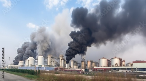 Illustration of the negative impact of manufacturing factory in big city. Air pollution environmental problems. Global warming effect. Outdoor industrial background. AI generative image.