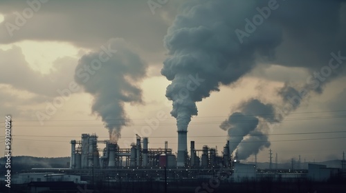 Illustration of air pollution in big city. Factory produces toxic smoke. Global warming ecological problem. Outdoor industrial background. AI generative image.