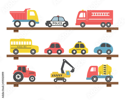 Toys on the shelves. There are different toy cars: firefighters car, truck, police car, taxi, bus, excavator, concrete mixer truck, tractor. Toys for the baby boy. Vector illustration