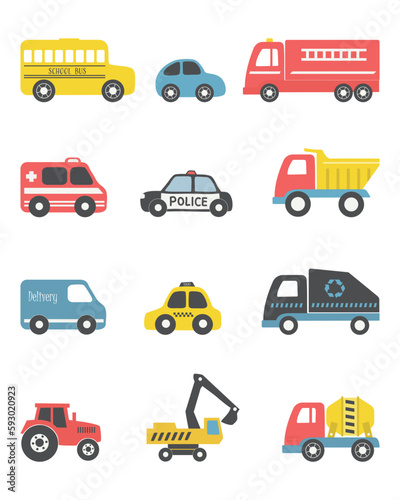 Toys isolated on white background. There are different toy cars: firefighters car, truck, police car, taxi, bus, excavator, concrete mixer truck, tractor. Toys for the baby boy. Vector illustration