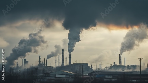 Illustration of air pollution in big city. Factory produces toxic smoke. Global warming ecological problem. Outdoor industrial background. AI generative image.