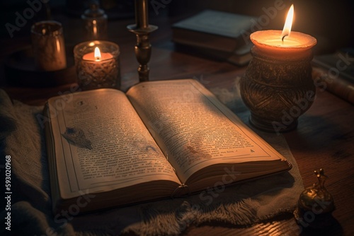 old book with a candle. Generative AI