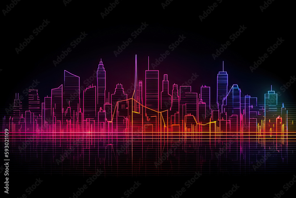 Naklejka premium the city skyline in neon colors on a black background with an orange, yellow and pink glow - stock illustrations. Generative AI