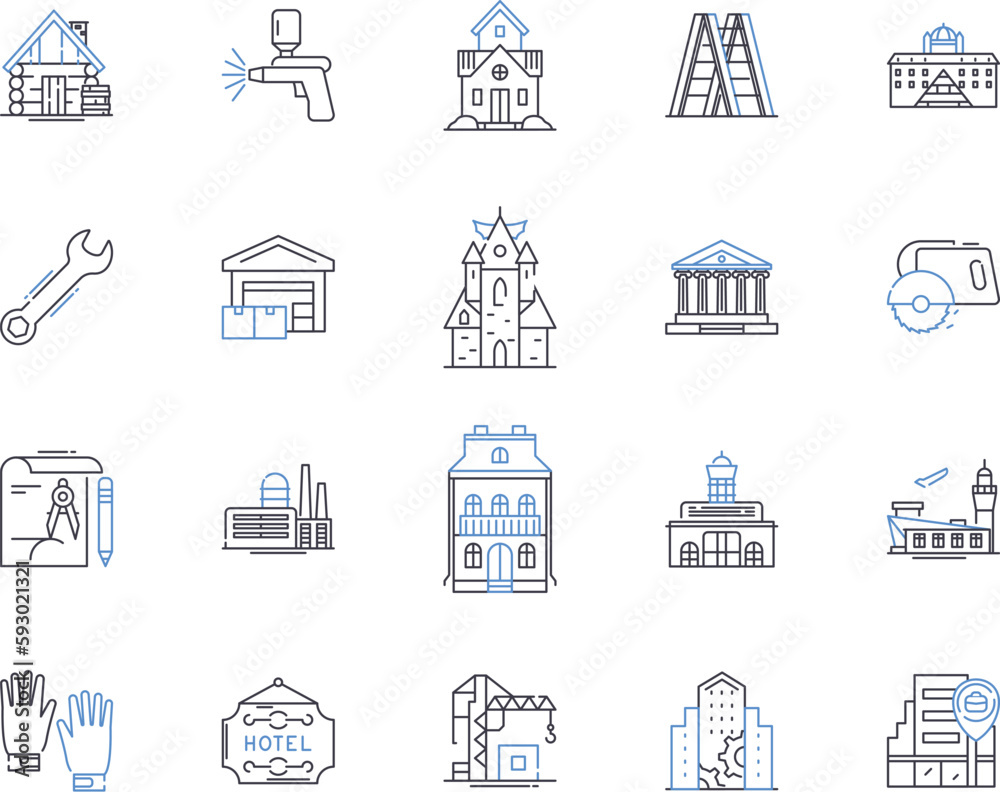 Real Estate Technology outline icons collection. Realty, Technological, Proptech, Innovation, Automation, AI, Analytics vector and illustration concept set. Digital, Platforms, Net linear signs