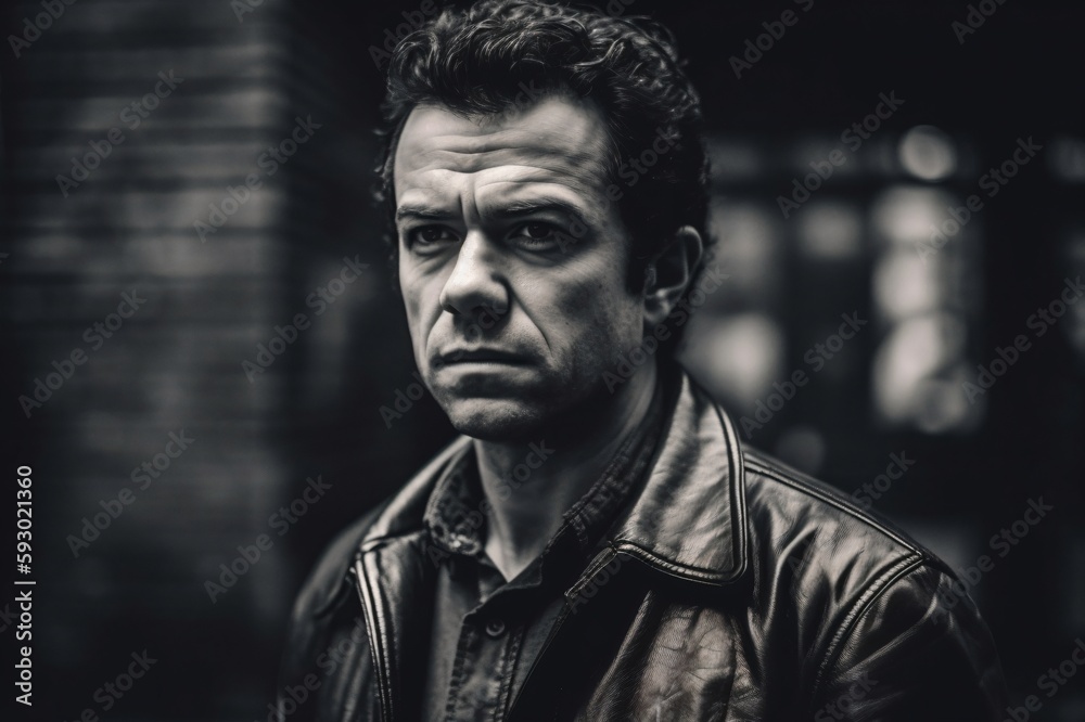 man with short dark hair and serious look wears black leather jacket created with Generative AI technology man with short dark hair and serious look wears black leather jacket created with Generative AI technology