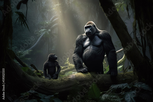 Adult and baby gorilla in the middle of a tropical jungle - with beautiful lighting - Made with Generative AI Tools