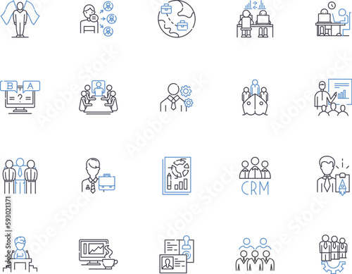 Corporate Management outline icons collection. Corporate, Management, Leadership, Organizing, Planning, Structure, Strategies vector and illustration concept set. Executing, Directing, Decision-Making