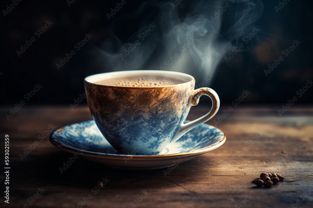 ornate tea cup with hot steaming tea created with Generative AI technology