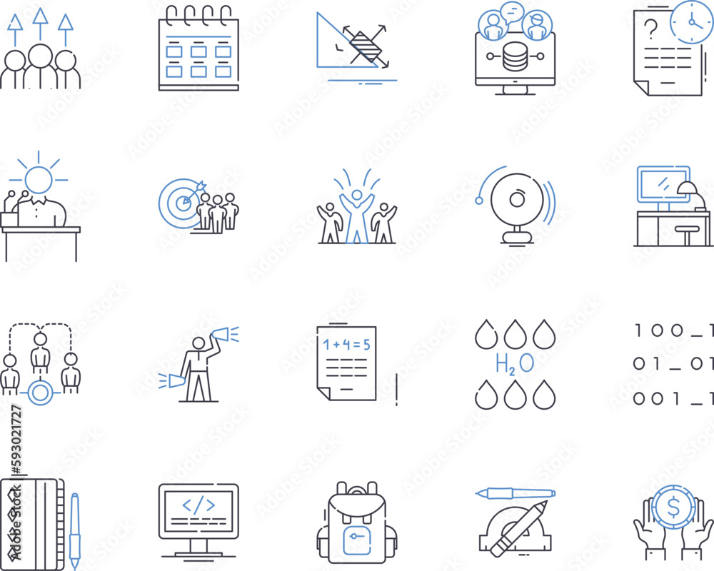 Fototapeta premium Professional education outline icons collection. Professional, Education, Training, Coaching, Courses, Qualification, Diploma vector and illustration concept set. Certification, Development
