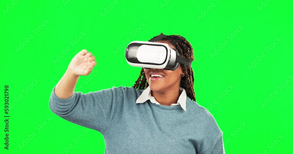 Virtual reality, touch and green screen of woman, smile and metaverse gaming on mockup. VR headset, black female model and cyber glasses of user in digital world, innovation and futuristic UI system Virtual reality, touch and green screen of woman, smile and metaverse gaming on mockup. VR headset, black female model and cyber glasses of user in digital world, innovation and futuristic UI system