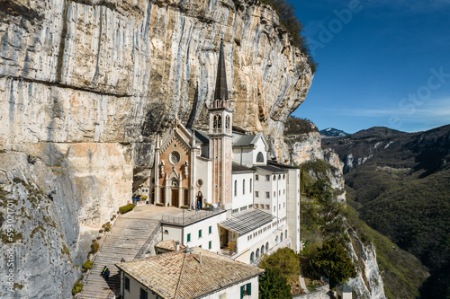 Sanctuary of Madonna della Corona near Verona in Italy. Aerial landscape.