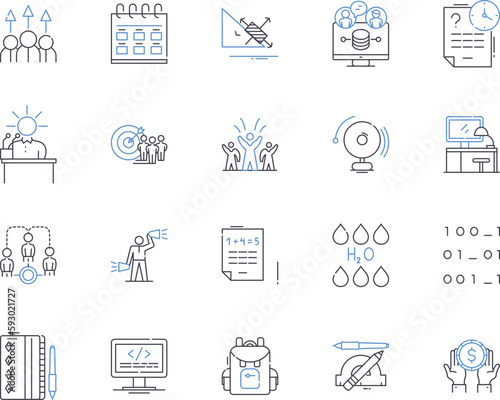 Professional education outline icons collection. Professional, Education, Training, Coaching, Courses, Qualification, Diploma vector and illustration concept set. Certification, Development