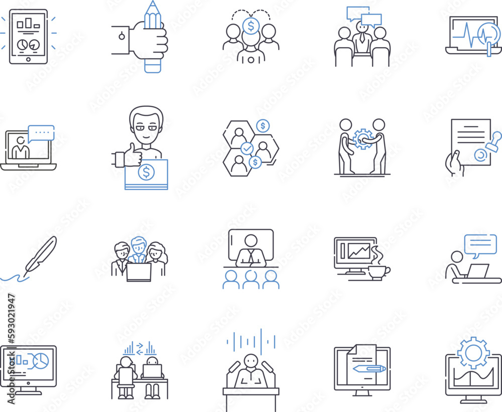 Working team outline icons collection. Collaborative, Unit, Cooperative, Productive, Efficient, Effective, Unified vector and illustration concept set. Group, Members, Professional linear signs