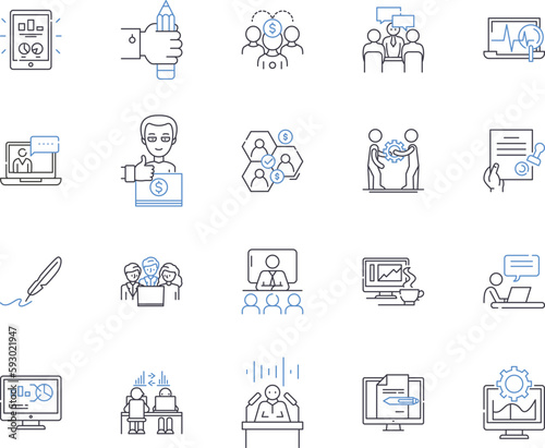 Working team outline icons collection. Collaborative, Unit, Cooperative, Productive, Efficient, Effective, Unified vector and illustration concept set. Group, Members, Professional linear signs