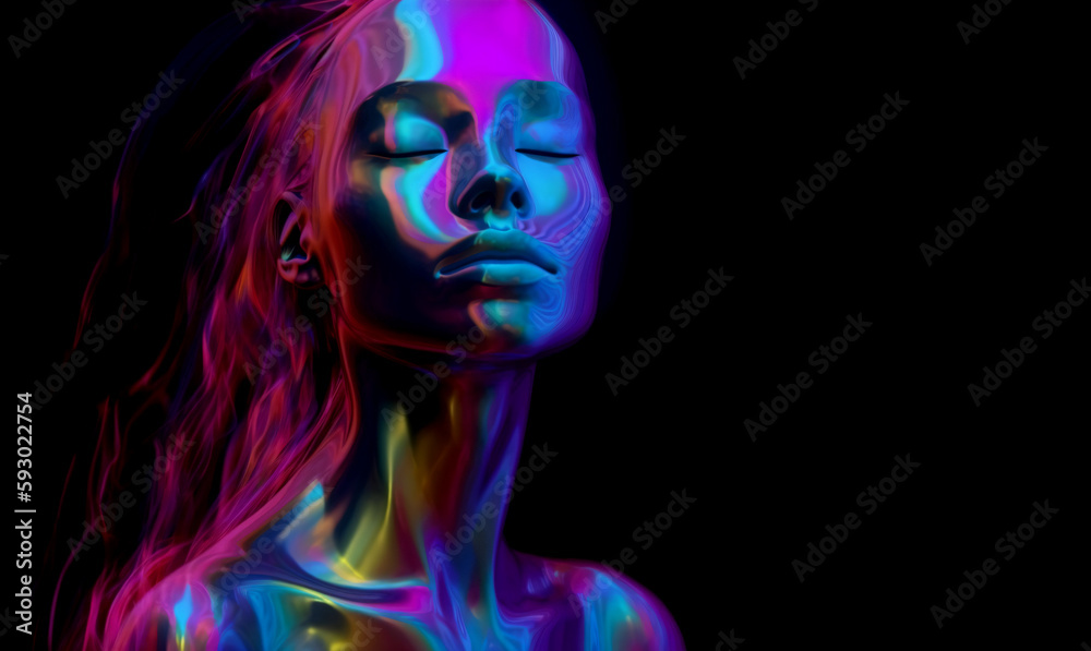 A woman with her eyes closed standing against a dark plain background. She is portrayed in a chromatic color scheme that gives a futuristic and otherworldly vibe. Generative AI.