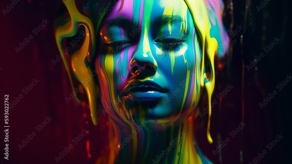 The face of a woman covered in vibrant and colorful paint, with streams of paint dripping down her skin. Her eyes are closed. Generative AI.