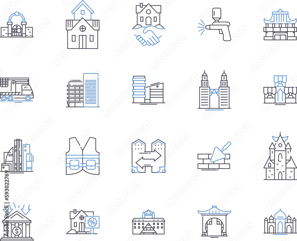 Realty and building outline icons collection. Realty, Building, Estate, Property, Land, Investment, Construction vector and illustration concept set. House, Home, Mortgage linear signs