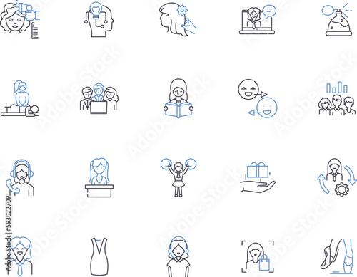 Women business outline icons collection. Female, Entrepreneurs, Moguls, Executives, Professionals, Managers, Leaders vector and illustration concept set. Ownership, Startups, Finance linear signs