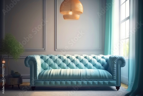 Ontoart style of furniture and interior decoration of the living room. Cyan sofa in a room with a modern interior. Generative AI. photo