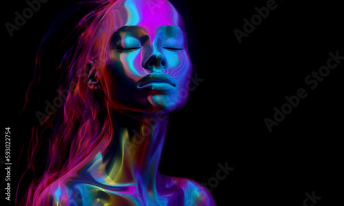 A woman with her eyes closed standing against a dark plain background. She is portrayed in a chromatic color scheme that gives a futuristic and otherworldly vibe. Generative AI.