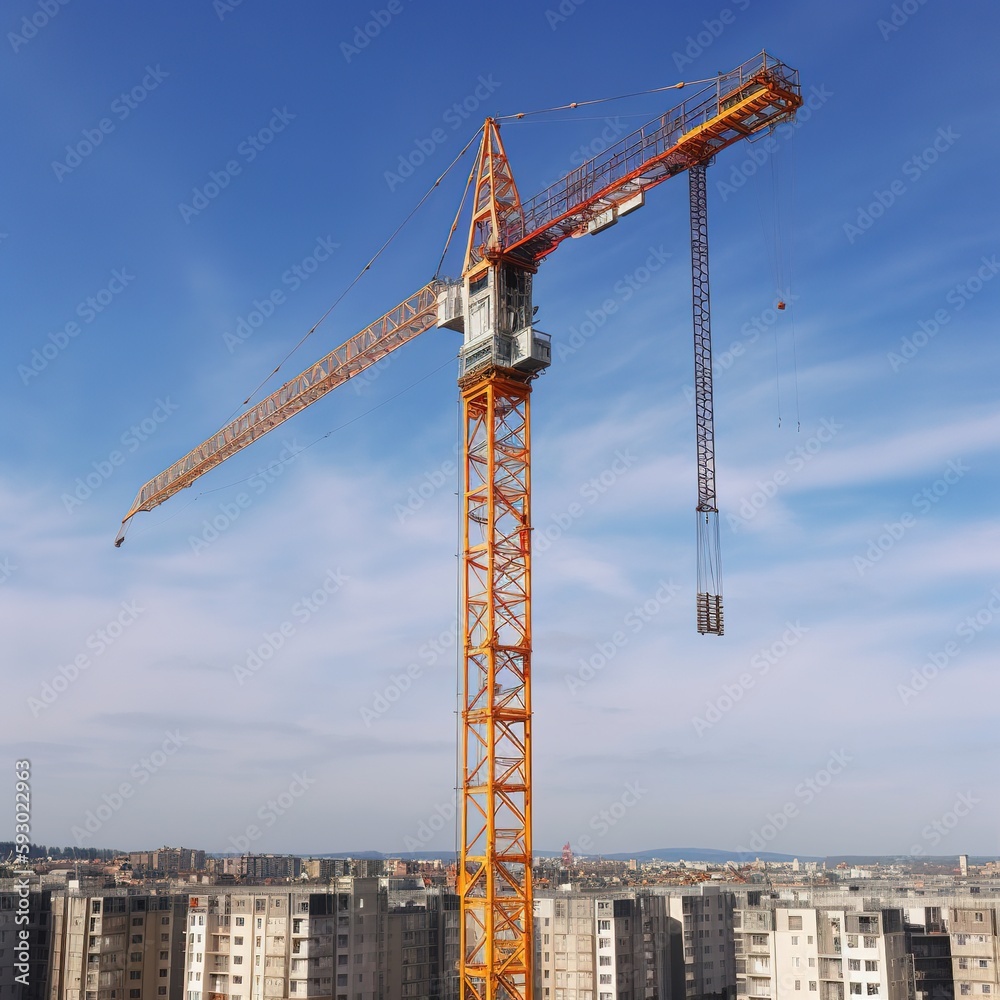 crane and a construction site against a blue sky. generative ai