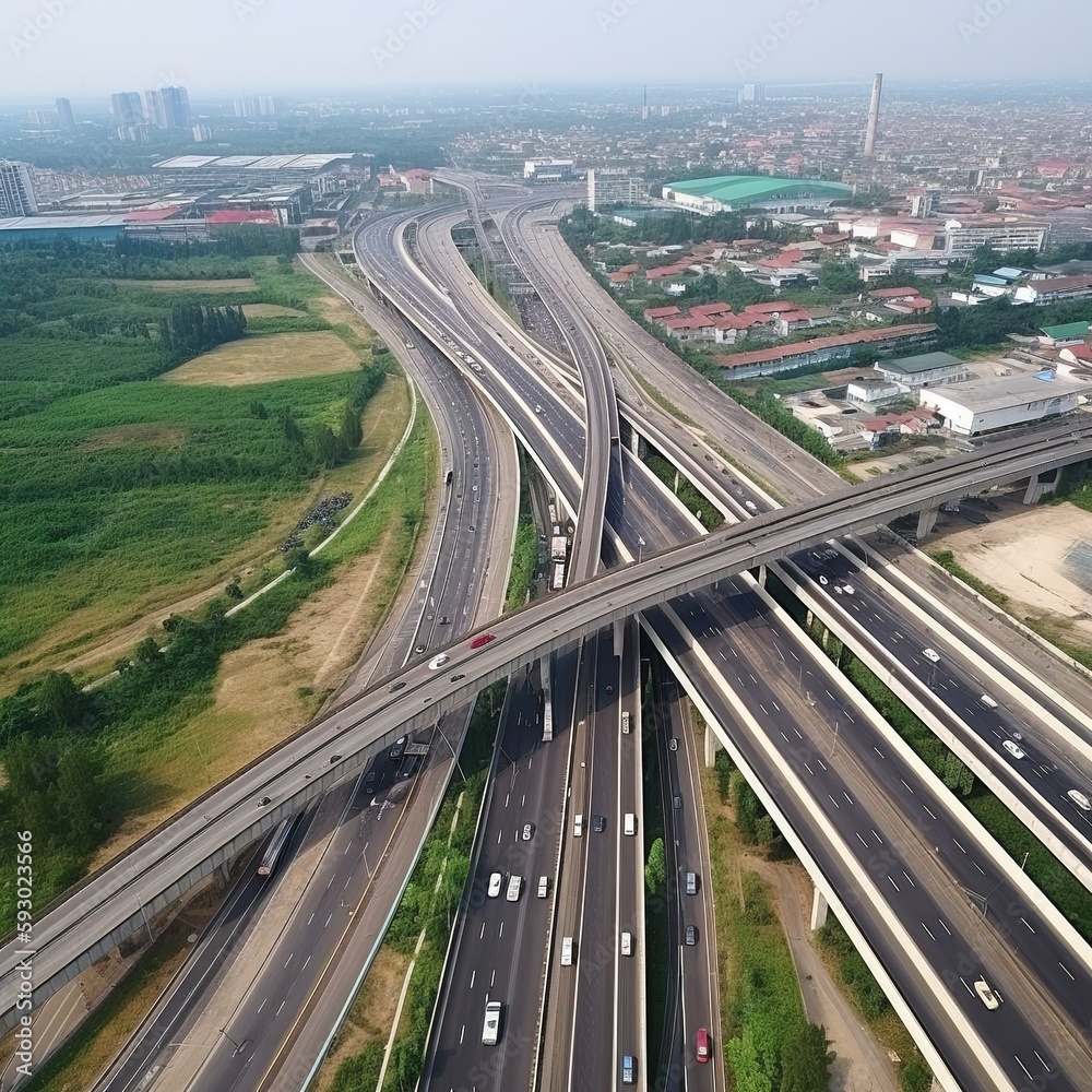 Fototapeta premium Expressway top view, Road traffic an important infrastructure. generative ai