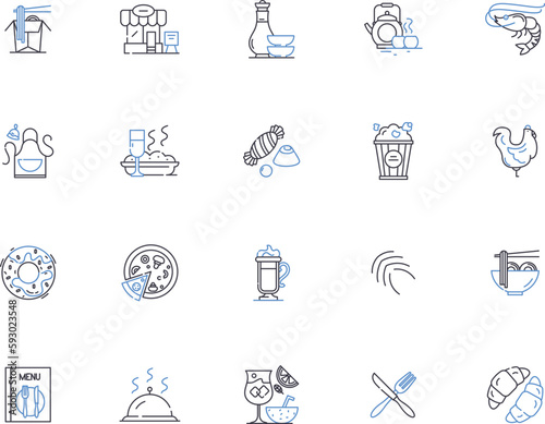 Meals outline icons collection. Food, Dish, Cuisine, Meal, Dinner, Lunch, Supper vector and illustration concept set. Breakfast, Snack, Recipe linear signs
