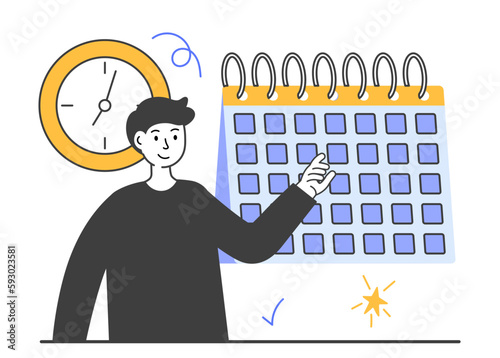 Time management scene. Young happy man with calendar and clock. Deadlines planning. Workflow organization. Vector isolated concept creative illustration