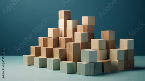 Wooden steps of blocks on a blue background as financial and career growth. Generative Ai