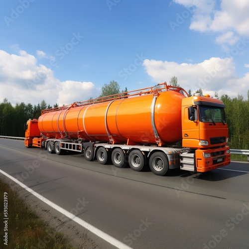 Gasoline tanker, Oil trailer, truck on highway. Very fast driving. generative ai