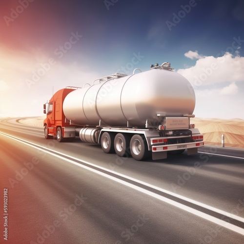 A gasoline tanker, an oil trailer, and a truck on the highway. Extremely fast driving. generative ai