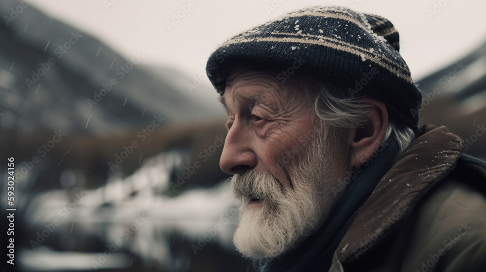 Old nordish man in Winter with White beard and hat, looking over a lake. Old nordish man in Winter with White beard and hat, looking over a lake.