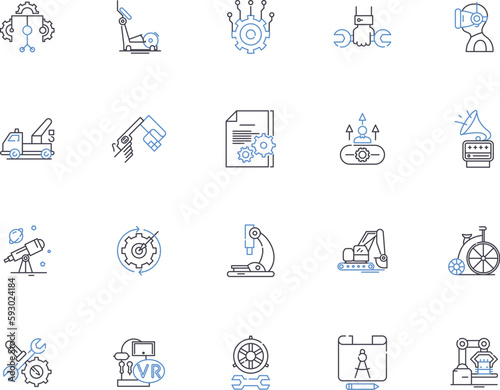 Mechanics outline icons collection. Mechanics, Repair, Motor, Automotive, Engineering, Torque, Friction vector and illustration concept set. Restitution, Dynamics, Force linear signs