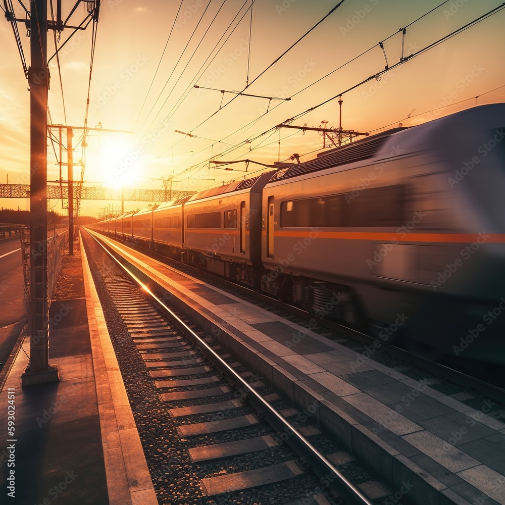 Naklejka premium At sunset, a high-speed train speeds through the railway station. Blue modern intercity passenger train in motion, railway platform, buildings, and city lights. generative ai