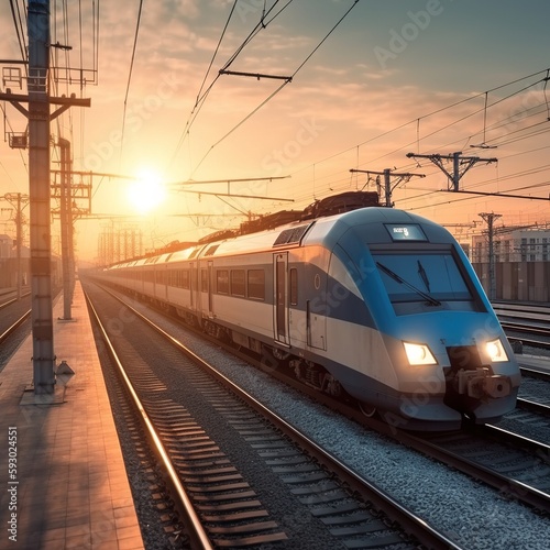 At sunset, a high-speed train speeds through the railway station. Blue modern intercity passenger train in motion, railway platform, buildings, and city lights. generative ai