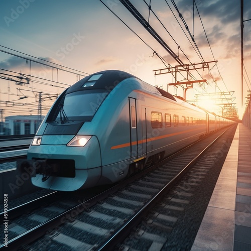 High-speed train speeds through the railway station. Blue modern intercity passenger train in motion, railway platform, buildings, and city lights. generative ai