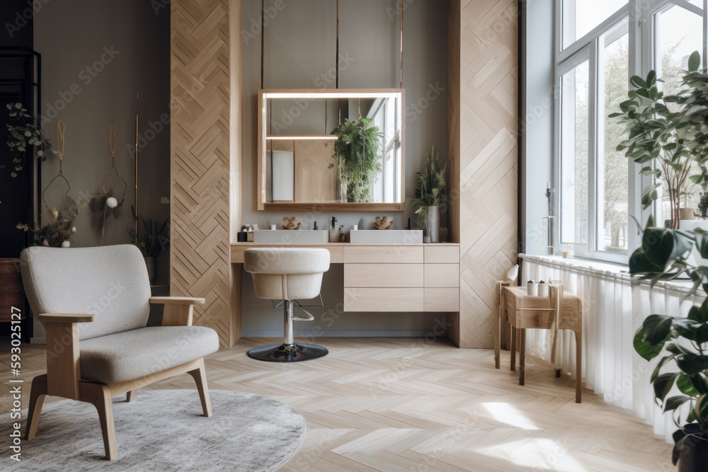 Beauty salon salon interior. Scandinavian minimalism style. Light wood ...