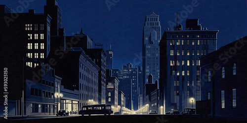 American Cityscape at Night with Buildings - Comic-style Drawing - generative ai