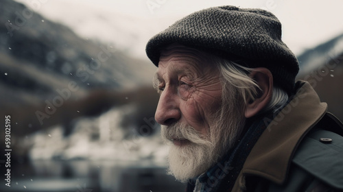 Old nordish man in Winter with White beard and hat, looking over a lake. photo