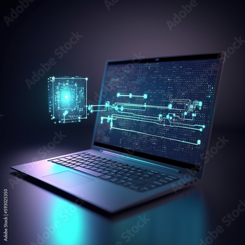 software, web development, programming concept. Abstract Laptop screen with programming language and code. Laptop and network icons for the company. Software technology process. generative ai