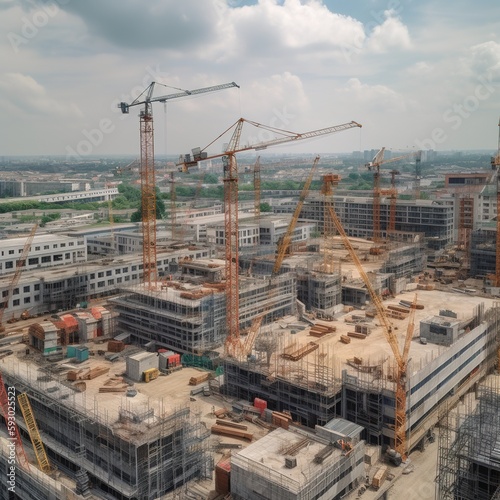 Panorama background of a large construction site with construction cranes. generative ai