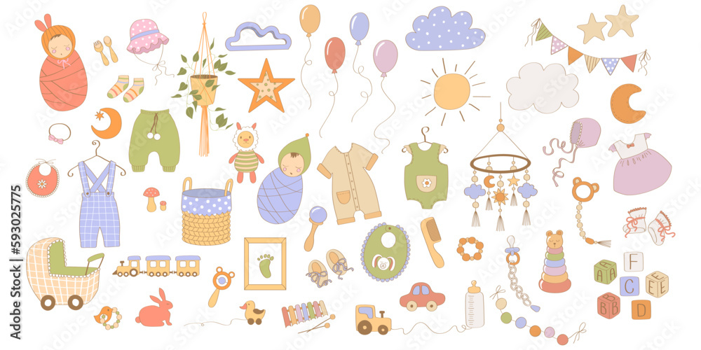 Set for kids. Vector illustration in flat style cartoon toys, clothes, slides, nipples on a white background Set for kids. Vector illustration in flat style cartoon toys, clothes, slides, nipples on a white background