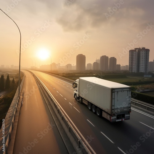 delivery truck driving down the road with a sunrise cityscape, fast delivery, cargo logistics, and freight shipping concept. generative ai