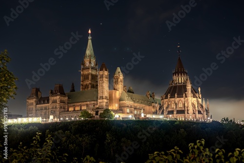 Long exposure shot after a fireworks show of parliament hill at night in Downtown Ottawa