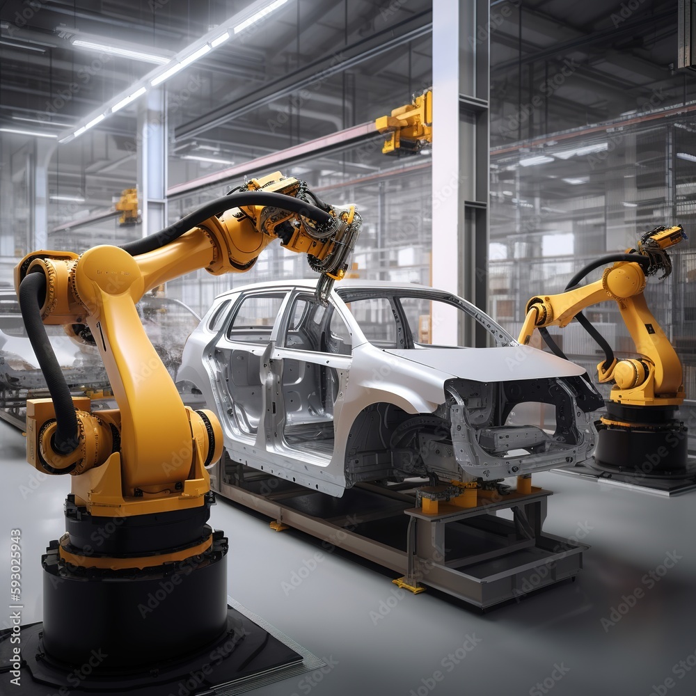 car plant, a robot arm is at work. generative ai