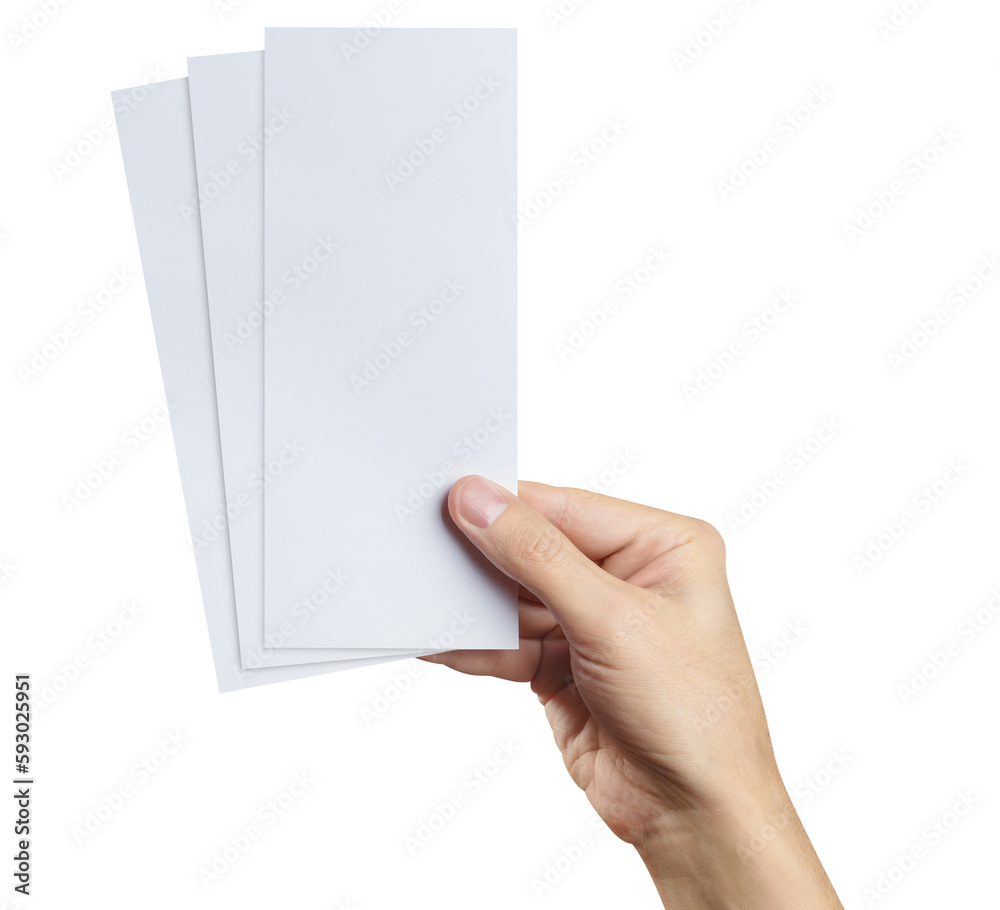 Male hand holding three blank sheets of paper (tickets, flyers, invitations, coupons, banknotes, etc.), cut out