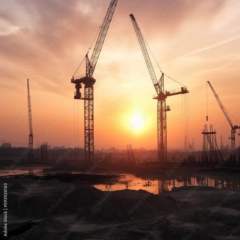 Silhouette of building construction site on heavy industry and background sunset. generative ai