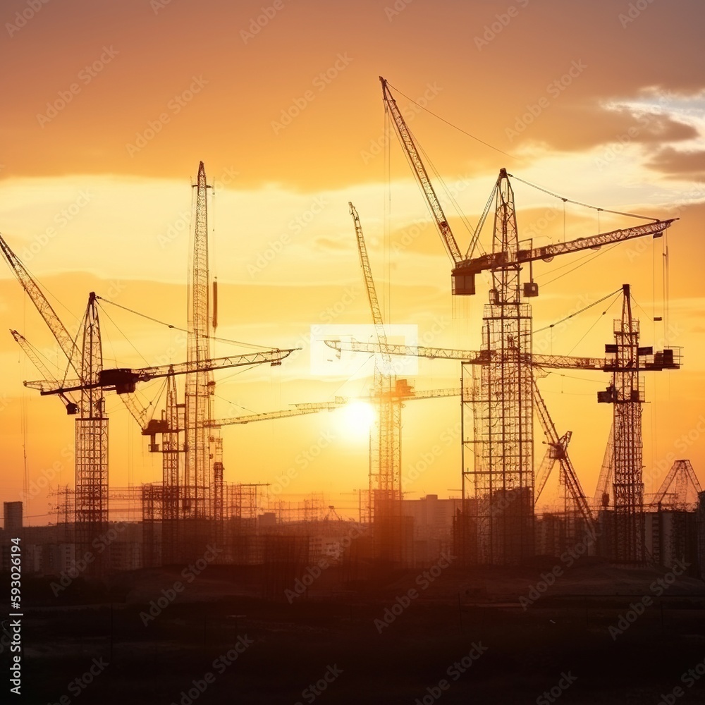 Silhouette of building construction site on heavy industry and background sunset. generative ai